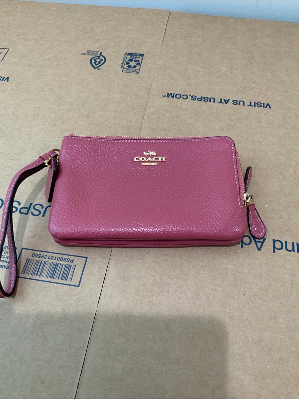 Coach Pebbled Leather Wristlet in Rose Pink with Gold Logo